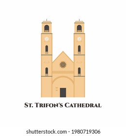 Saint Trifon's Cathedral, Old Town of Kotor. It is under protection of UNESCO and enters the list of the world cultural heritage. Beautiful cathedral, tourist attraction. Flat vector illustration