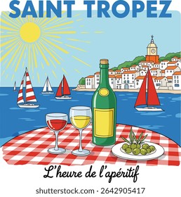 Saint Tropez Sailing Club France calligraphy slogan print. graphic tee t shirt or Vintage typography . poster sticker - Vector. womens summer graphics. italian food fashion.