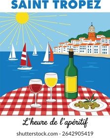 Saint Tropez Sailing Club France calligraphy slogan print. graphic tee t shirt or Vintage typography . poster sticker - Vector. womens summer graphics. italian food fashion.