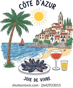 Saint Tropez Sailing Club France calligraphy slogan print. graphic tee t shirt or Vintage typography . poster sticker - Vector. womens summer graphics. italian food fashion.