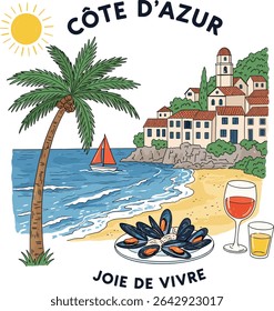 Saint Tropez Sailing Club France calligraphy slogan print. graphic tee t shirt or Vintage typography . poster sticker - Vector. womens summer graphics. italian food fashion.