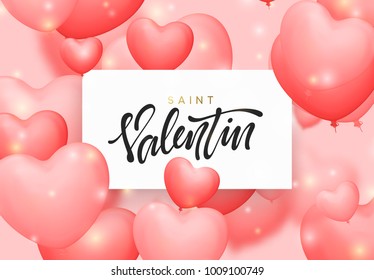 Saint valentin background with pink color balloons in the form of hearts. Holiday greeting card, typography poster, banner vector illustration