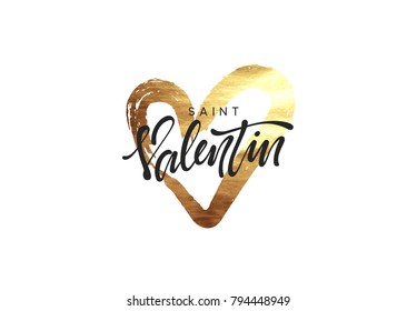 Saint Valentin. Golden heart, paint stroke brush with bright sparkles. Greeting card, poster, banner, design element. vector illustration