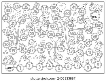 Saint Valentine black and white board game with cat boy going to cat girl. Love holiday line boardgame with unicorn, rainbow, hearts. Cute printable roll a dice activity or coloring page
