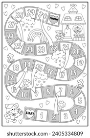 Saint Valentine black and white board game with funny cat boy going to cat girl. Love holiday line boardgame with house, flowers, hearts. Cute printable roll a dice activity or coloring page
