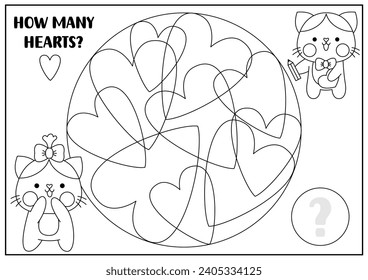 Saint Valentine black and white counting game with cute kawaii cats and heart squiggle. Love holiday math activity for kids. Printable counting worksheet, coloring page. Quiz with hearts