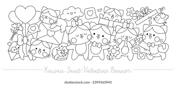 Pancarta horizontal blanca y negra de San Valentín con lindos gatos kawaii para los niños. Pareja de gatitos vectores enamorados. Ilustración de línea con símbolos románticos. Funny página de coloración de las vacaciones de febrero
