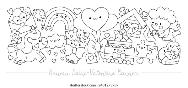 Saint Valentine black and white horizontal banner with cute kawaii characters for kids. Vector cupid, unicorn, rainbow, hearts. Line illustration with romantic symbols. Love holiday coloring page