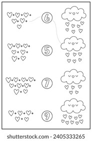 Saint Valentine black and white matching game with cute kawaii clouds raining with hearts. Love holiday line math activity for preschool kids. Educational printable counting worksheet, coloring page
