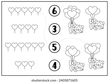 St. Valentiner Schwarz-Weiß-Spiel mit süßer kawaii Katze, Ballons in Herzform. Liebe Ferien-Linie Mathe-Aktivität für Kinder. Bildausdrucksvolles Arbeitsblatt, Farbseite
