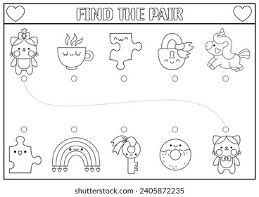 Saint Valentine black and white matching activity with kawaii couples. Fun love holiday puzzle with cat, cup, donut, unicorn, rainbow. Printable worksheet, game, coloring page for kids
