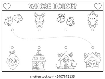 Saint Valentine black and white matching activity with kawaii character, homes. Fun love holiday puzzle with cat, birds, bunny, bumblebee. Printable worksheet, game, coloring page for kids
