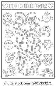 Saint Valentine black and white maze for kids. Love holiday line printable activity with kawaii pairs. Labyrinth game, puzzle, coloring page with cat, jigsaw puzzle, cup, donut, unicorn, rainbow
