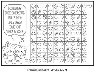 St. Valentine schwarz-weißes Labyrinth, suchen und finden Spiel mit Herzen, Blumen, Sternen. Kawaii druckbare Aktivität, Rätsel, Farbseite für Kinder. Rätsel der logischen Suche Folgen Sie dem Herzen und finden Sie heraus
