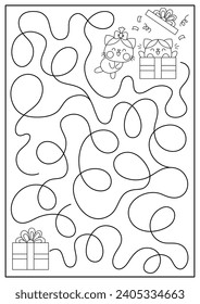 Saint Valentine black and white maze for kids. Love holiday preschool printable line activity with kawaii cat, present. Labyrinth game, coloring page, puzzle with cute kitten, surprise gift