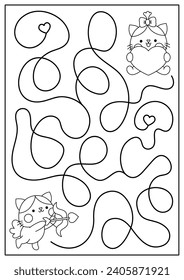 Saint Valentine black and white maze for kids. Love holiday line printable activity with kawaii cats. Labyrinth game, puzzle, coloring page with cute kitten cupid with bow and arrows
