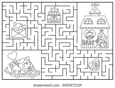 Saint Valentine black and white maze for kids. Love holiday line printable activity with kawaii characters, cake, letter. Labyrinth game, puzzle, coloring page with cute romantic date, cat
