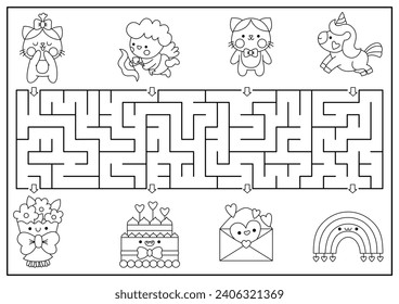 Saint Valentine black and white maze for kids. Love holiday line printable activity with kawaii characters. Labyrinth game, puzzle, coloring page with cute cupid, cats, unicorn, rainbow
