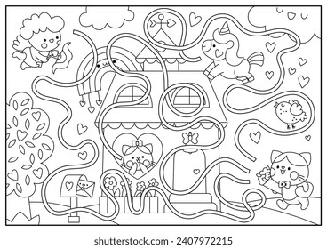 Saint Valentine black and white maze for kids. Love holiday line printable activity with kawaii unicorn, rainbow, cupid. Labyrinth game, puzzle, coloring page with cute romantic date scene, cats
