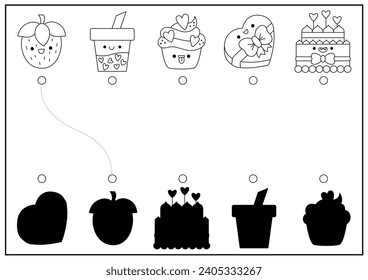 Saint Valentine black and white shadow matching activity with sweet food. Love holiday kawaii puzzle. Find correct silhouette printable worksheet, coloring page with cupid, heart, birds
