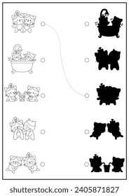 Saint Valentine black and white shadow matching activity with cats. Love holiday puzzle with kawaii animals. Find correct silhouette printable worksheet. Cute coloring page for kids with kitty
