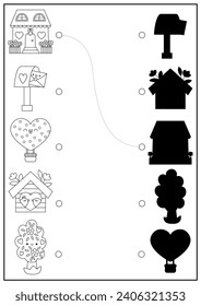 Saint Valentine black and white shadow matching activity. Love holiday shape recognition kawaii puzzle. Find correct silhouette printable worksheet, coloring page for kids with house, tree
