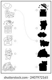 Saint Valentine black and white shadow matching activity with cats. Love holiday shape recognition line puzzle with kawaii animals. Find correct silhouette printable worksheet, coloring page
