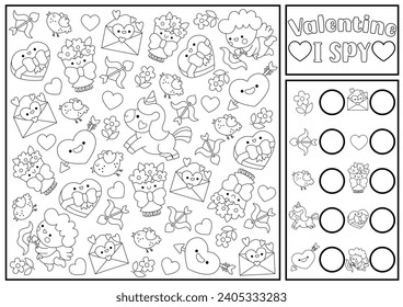 Saint Valentine black and white I spy game for kids. Searching and counting kawaii activity. Love holiday printable worksheet, coloring page. Simple spotting puzzle with unicorn, heart, cupid
