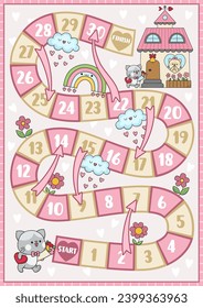 Saint Valentine board game for children with funny cat boy going to cat girl. Love holiday party boardgame with house, flowers, clouds, hearts. Cute printable roll a dice activity