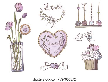 Saint Valentine Card Set with hearts and flower vase