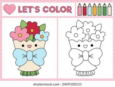 Página de San Valentín para niños con un lindo ramo de flores kawaii. Ilustración de esquema de vacaciones de amor de vectores. Libro de colores para niños con ejemplo de color. Hoja de cálculo de habilidades de dibujo
