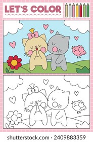 Saint Valentine coloring page for children with cute kawaii scene with cat couple. Vector love holiday outline illustration. Color book for kids with colored example. Drawing skills worksheet
