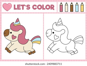 Saint Valentine coloring page for children with cute kawaii unicorn with heart. Vector love holiday outline illustration. Color book for kids with colored example. Drawing skills worksheet
