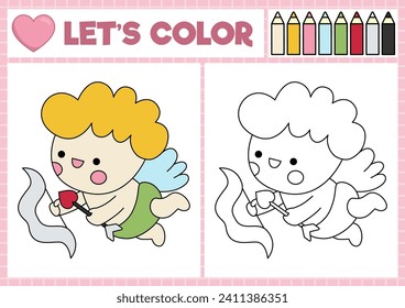 Saint Valentine coloring page for children with cute kawaii cupid with bow, arrow. Vector love holiday outline illustration. Color book for kids with colored example. Drawing skills worksheet
