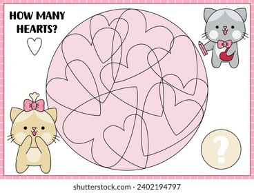 Saint Valentine counting game with cute kawaii cats and heart squiggles. Love holiday math activity for kids. Educational printable counting worksheet. Shape recognition quiz with hearts in circle
