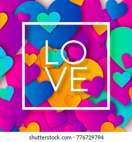 Saint valentine day background with colorful hearts with frame. Happy valentines day and weeding design elements. Vector illustration. Pink Background With hearts. Doodles and curls. Be my valentine.