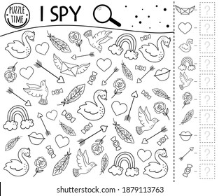 Saint Valentine Day Black And White I Spy Game For Kids. Searching And Counting Activity For Preschool Children Or Holiday Coloring Page. Funny Party Printable Worksheet With Love Theme. 
