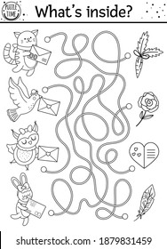 Saint Valentine day black and white maze for children. Holiday preschool printable educational activity. Funny game with cute animals. Romantic puzzle or coloring page with love theme.
