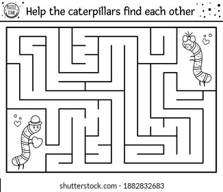 Saint Valentine day black and white maze for children. Holiday preschool printable activity. Funny line game with insects. Romantic puzzle or coloring page. Help the caterpillars find each other 
