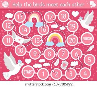 Saint Valentine day board game for children with cute doves. Educational holiday boardgame with bird, rainbow, heart. Romantic activity with love theme. Printable worksheet on pink background.
