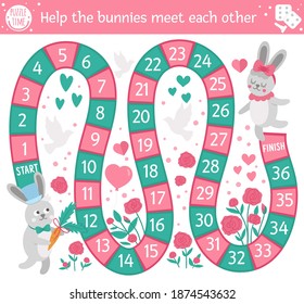 Saint Valentine day board game for children with bunnies. Educational holiday boardgame with cute rabbits and flowers. Romantic activity with love theme. Printable worksheet with funny characters.
