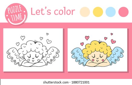 Saint Valentine Day coloring page for children. Funny dreaming cupid with hearts. Vector holiday outline illustration with love angel. Color book with cute character for kids with colored example
