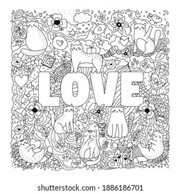 Saint Valentine day coloring page with cute cats, flowers, sweets and toys. Hand drawn doodles. Greeting card with love. Outline vector illustration.