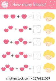 Saint Valentine day counting game with kisses and cupid. Holiday activity for preschool children with love theme. Educational printable math worksheet. Addition puzzle for kids
