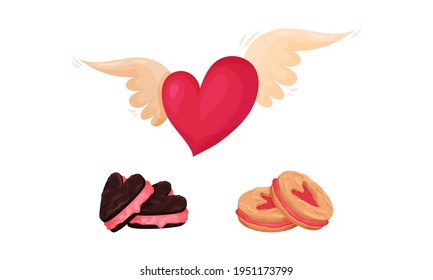 Saint Valentine Day Festive Attributes and Symbols with Winged Heart and Sweet Cookie Vector Set