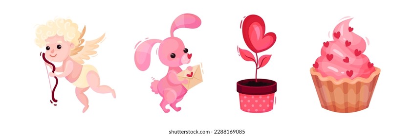 Saint Valentine Day Festive Attributes and Symbols Vector Set