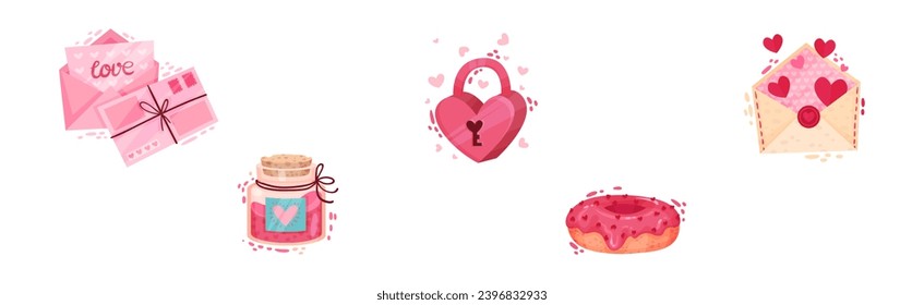 Saint Valentine Day Festive Attributes and Symbols Vector Set