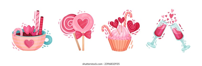 Saint Valentine Day Festive Attributes and Symbols Vector Set