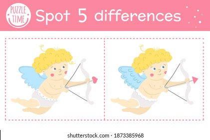 Saint Valentine day find differences game for children. Holiday educational activity with funny cupid and bow with arrow. Printable worksheet with cute character. Puzzle for kids with love theme
