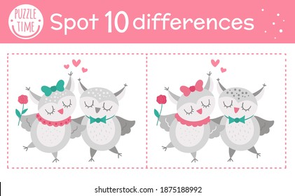 Día de San Valentín encuentra diferencias para los niños. Actividad educativa de vacaciones con una pareja de búhos divertidos. Hoja de cálculo imprimible con caracteres bonitos. Rompecabezas para niños con tema de amor
